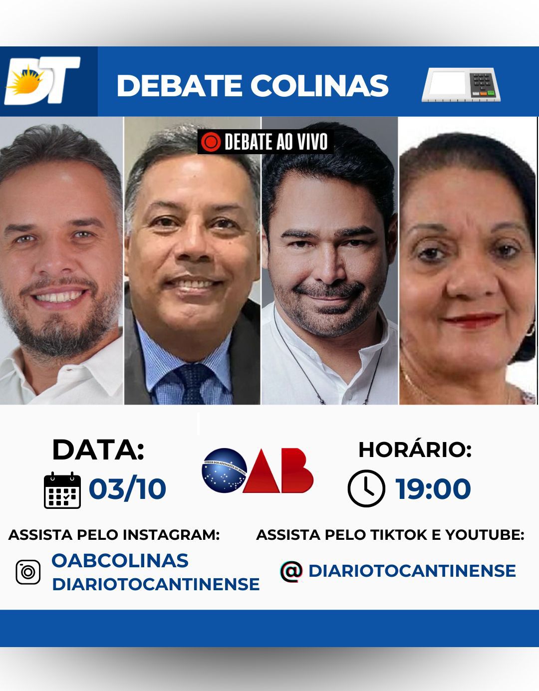 Candidatos a prefeito de Colinas participam de debate na OAB, discutindo temas como saúde e infraestrutura, com transmissão ao vivo.