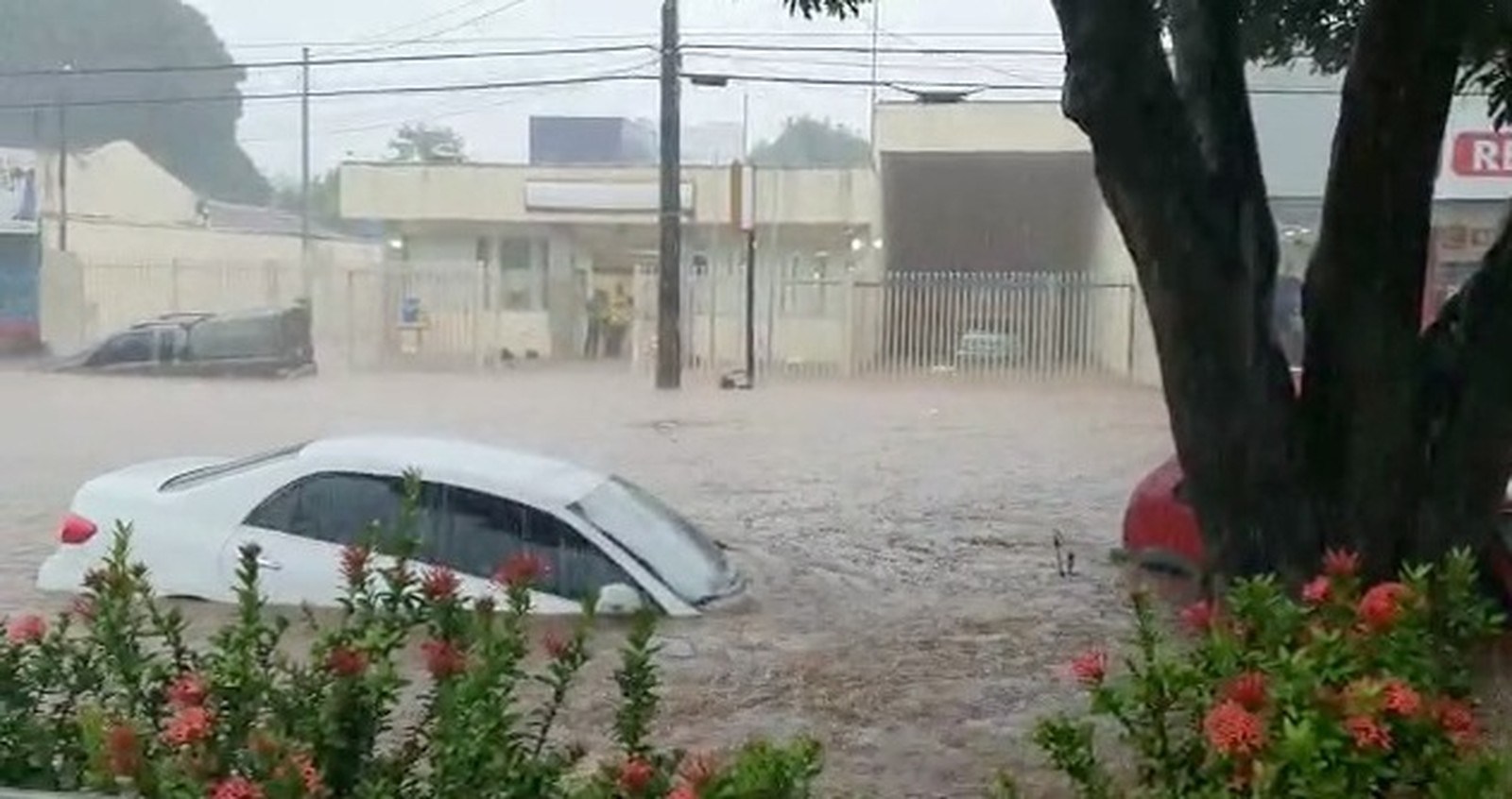 Alagamento no Centro de Guaraí: veículos foram arrastados e comércios inundados após forte chuva de 100 mm em 30 minutos.