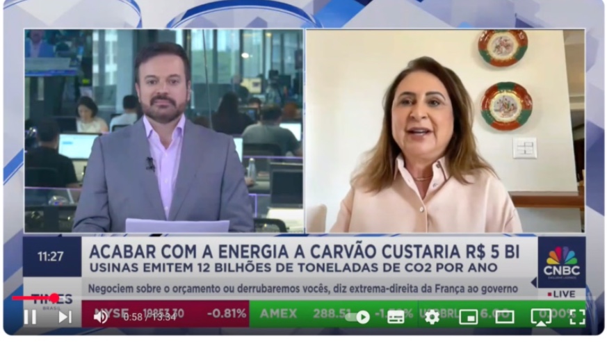 Kátia Abreu em entrevista à CNBC Brasil: a ex-senadora destacou os desafios econômicos e ambientais de eliminar o carvão mineral no mundo.