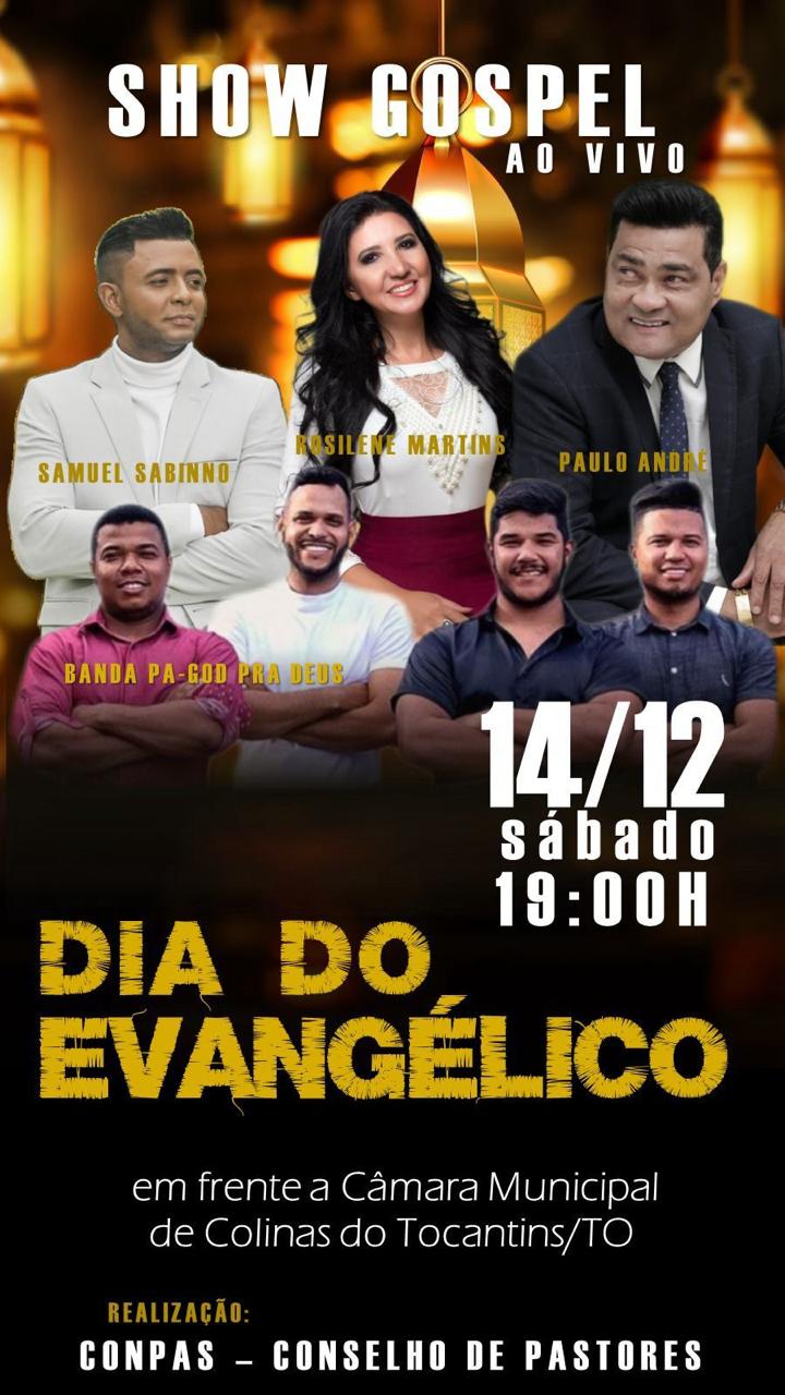 Atrações do show gospel celebram o Dia do Evangélico em frente à Câmara Municipal de Colinas do Tocantins.