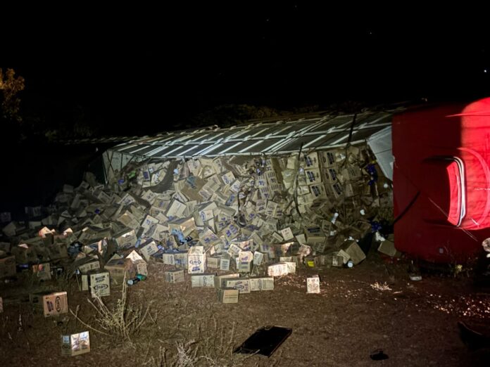Legenda da foto: Caminhão tombou à margem da TO-134, em trecho de baixa visibilidade na zona rural de Luzinópolis (Foto: Divulgação/PMTO)