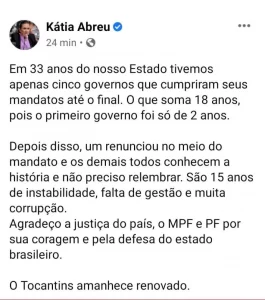 Para Kátia Abreu, o 'Tocantins amanheceu renovado' com a decisão do ministro Mauro Campbell que afastou por seis meses Mauro Carlesse