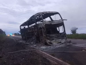 Ãnibus de passageiros fica totalmente destruído após pegar fogo na BR-153 entre Tabocão e Guaraí