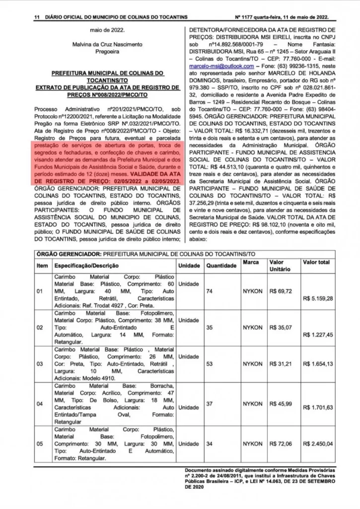 Prefeito de Colinas destina quase R$100 mil para serviços de abertura de portas e confecção de chaves e carimbo durante um ano