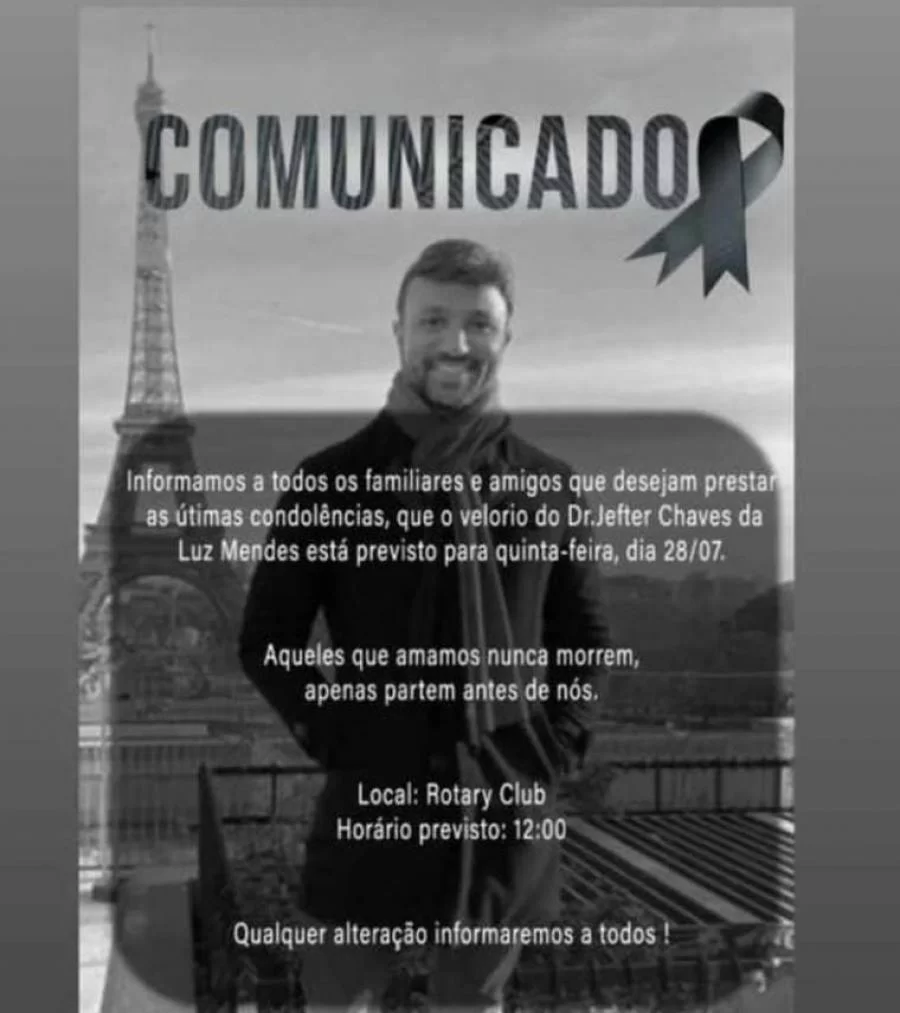 Velório de Jefter Mendes acontece nesta quinta-feira, 28; familiares e amigos prestaram últimas homenagens