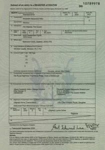 Certidão com causa e horário da morte da Rainha Elizabeth é divulgada