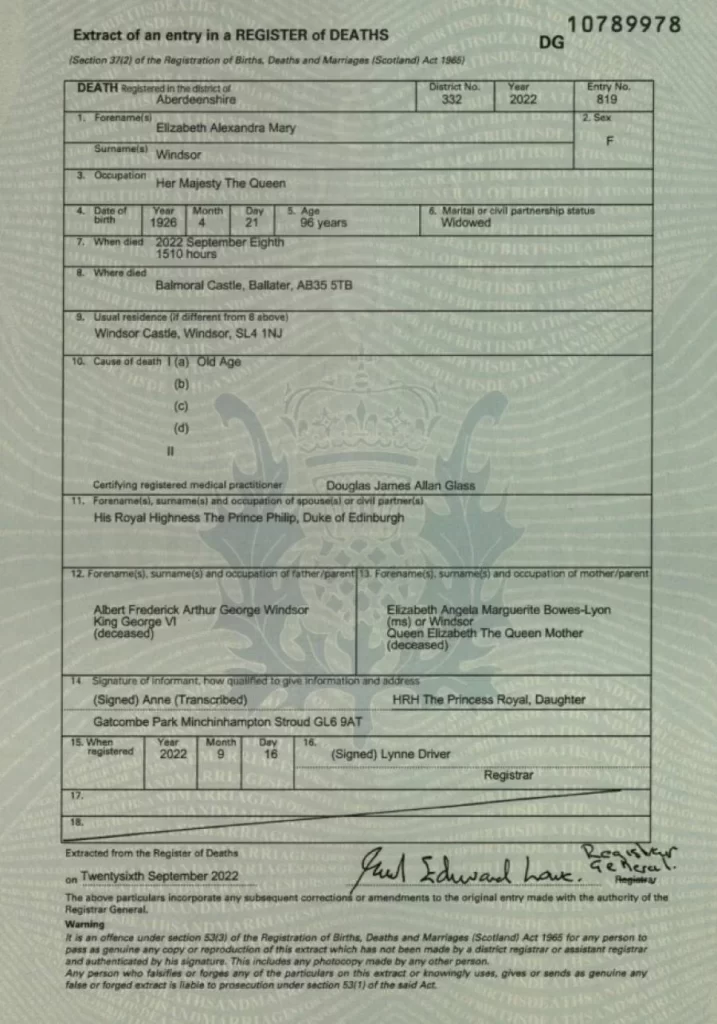 Certidão com causa e horário da morte da Rainha Elizabeth é divulgada