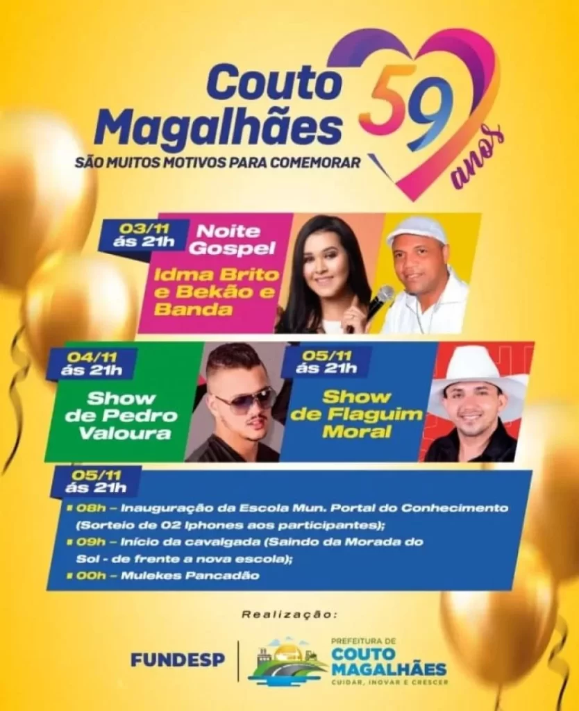 Programação em comemoração aos 59 anos de Couto de Magalhães é divulgada; confira