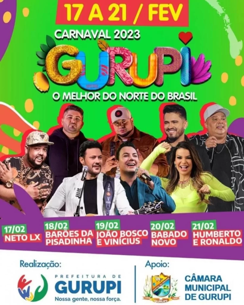 João Bosco & Vinicius, Barões da Pisadinha e Humberto & Ronaldo são atrações confirmadas no Carnaval de Gurupi; confira a programação completa
