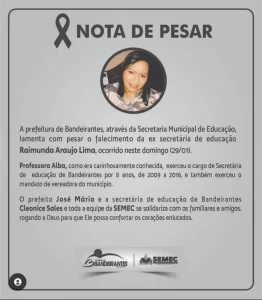 Prefeitura de Bandeirante emite nota de pesar pelo falecimento da servidora pública Raimunda Lima