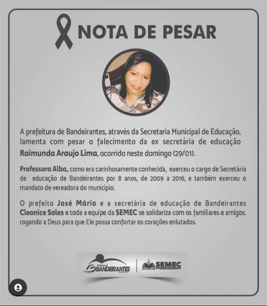 Prefeitura de Bandeirante emite nota de pesar pelo falecimento da servidora pública Raimunda Lima