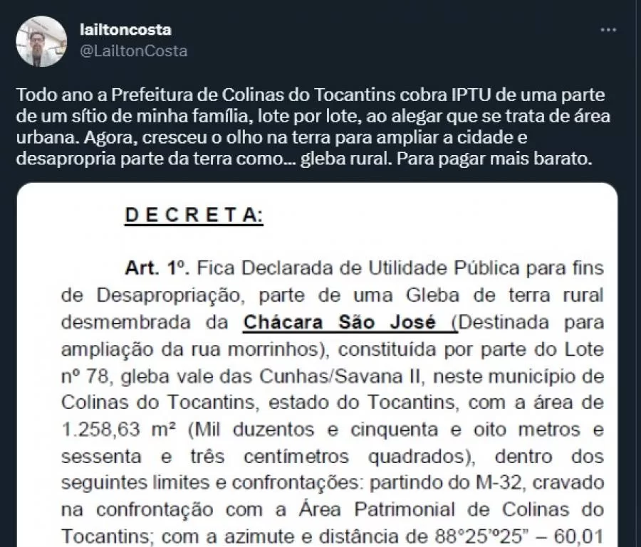 No twitter, Jornalista critica prefeitura de Colinas e dispara: "cobra IPTU, mas desapropria como gleba rural para pagar mais barato"