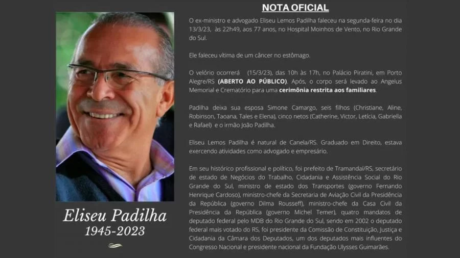 Morre aos 77 anos, em decorrÃªncia de cÃ¢ncer, Eliseu Padilha, ex-ministro de estado