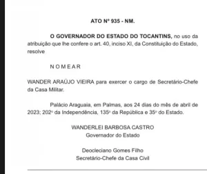 Wander Araújo Vieira é nomeado Secretário-Chefe da Casa Militar