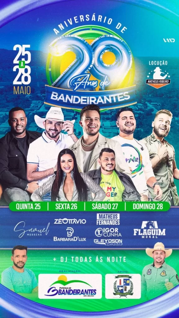 Especial "Aniversário de Bandeirantes" recebe no fim de semana, Matheus Fernandes, Igor Cunha, Gleyson Swingão e Flaguim Moral