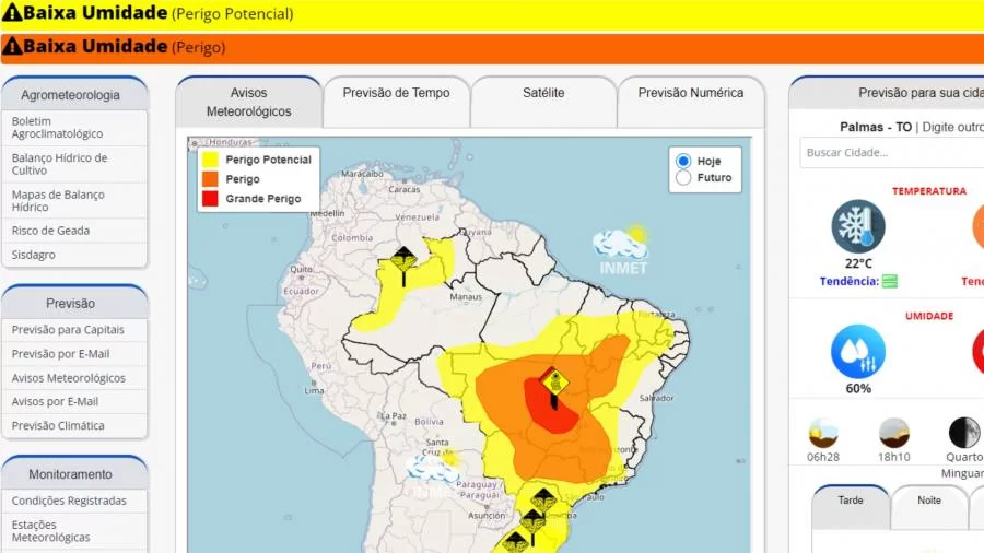 Umidade no TO pode ficar abaixo dos 20% esta semana, alerta Inmet