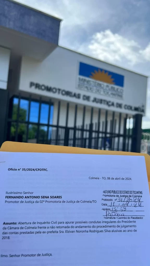 Presidente da CÃ¢mara Municipal de Colmeia é denunciado por atrasar análise de contas da ex-prefeita Elzivan Noronha