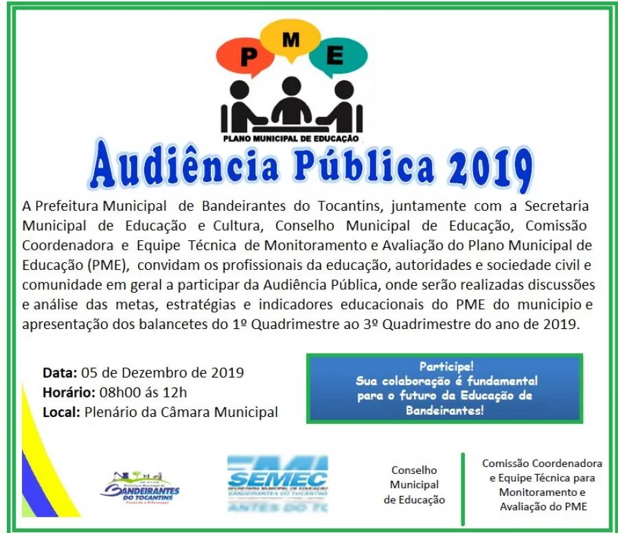 MunicÃÂ­pio de Bandeirantes realiza audiÃªncia pÃÂºblica para discutir Plano Municipal de EducaÃÂ§ÃÂ£o