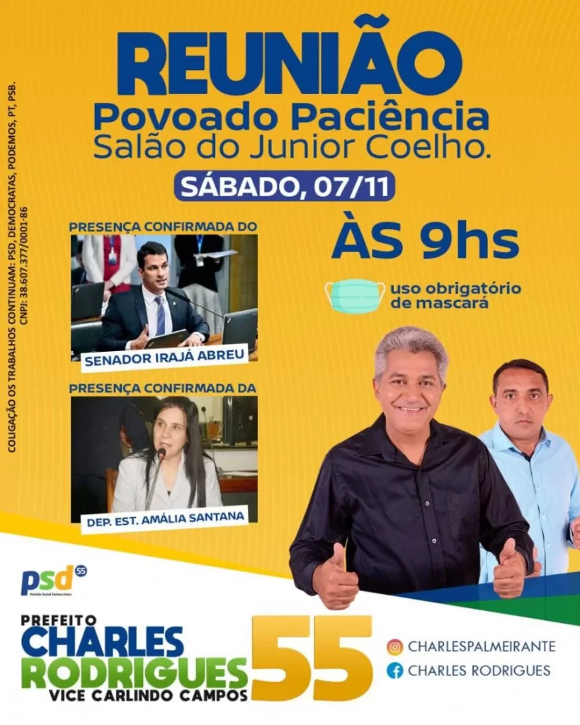 Candidato de Palmeirante, Charles Rodrigues realiza evento no sÃÂ¡bado, com presenÃÂ§a de IrajÃÂ¡ e AmÃÂ¡lia Santana