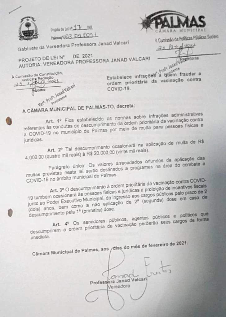 Professora Janad Valcari apresenta Projeto de Lei para multar quem furar a fila da vacinaÃÂ§ÃÂ£o da Covid-19