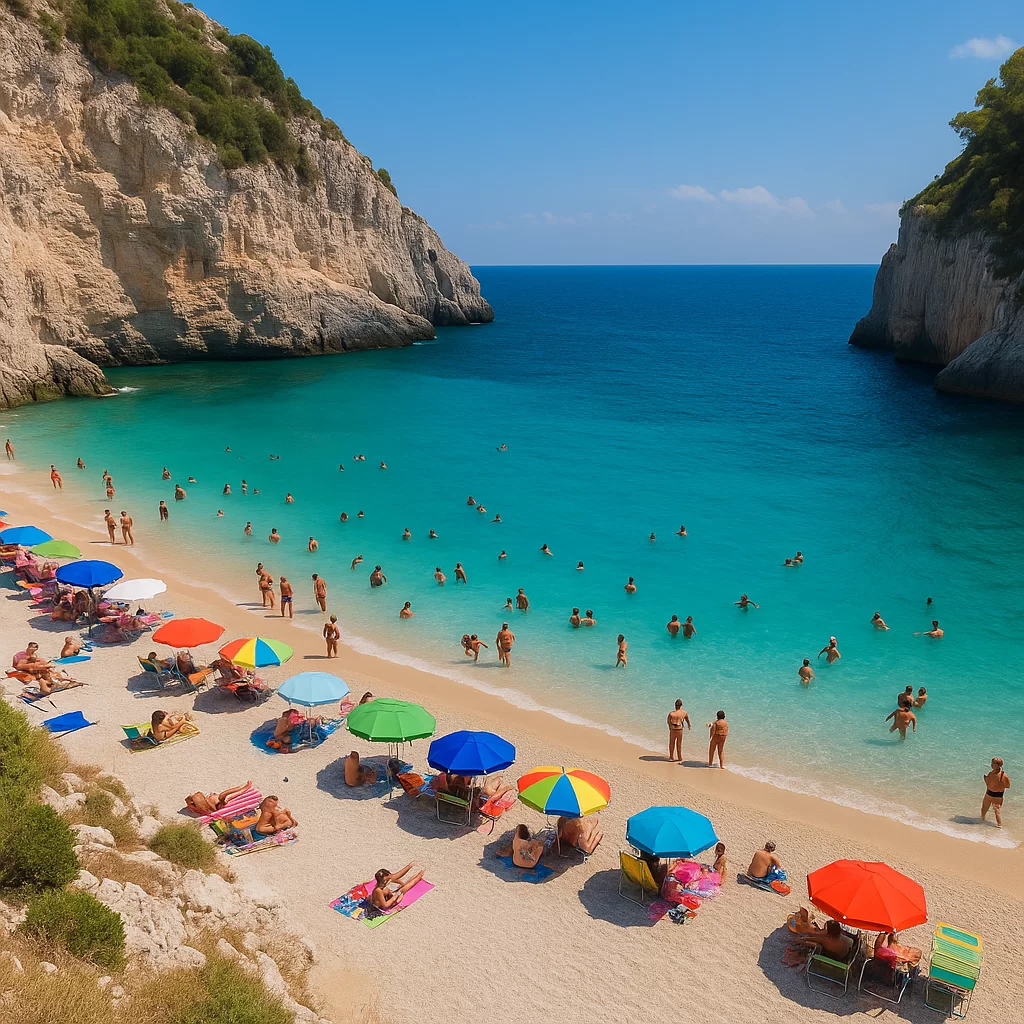 Praia de Polignano a Mare, Puglia: falésias dramáticas, mar azul-turquesa e casas brancas no topo — um dos cartões-postais mais icônicos do Mediterrâneo.
