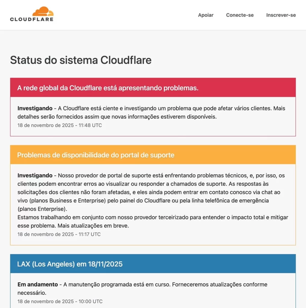 Apagão global derruba sites no mundo após falha na Cloudflare; portais internacionais, brasileiros e do Tocantins ficam instáveis