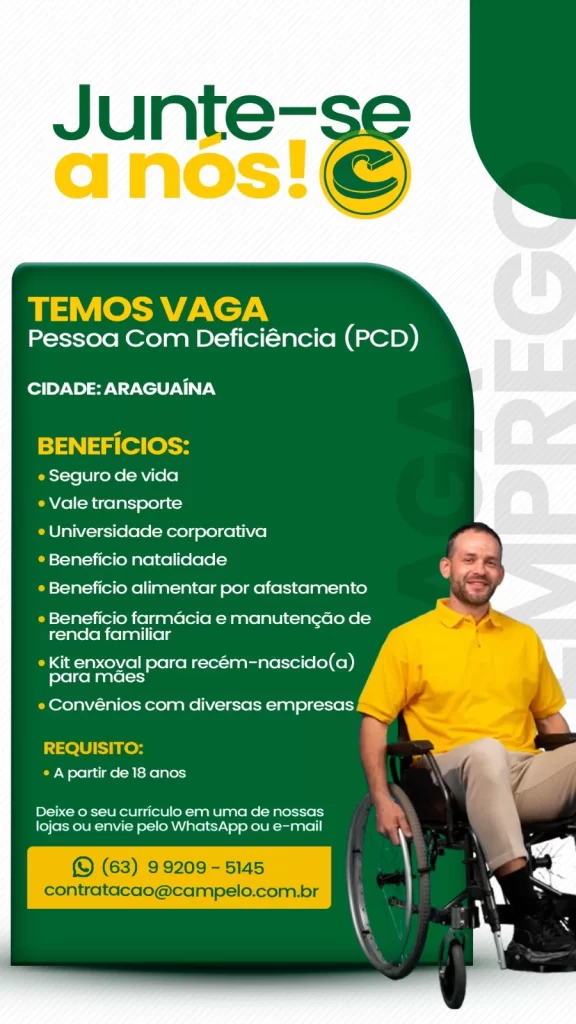 Empresa abre vaga exclusiva para PCD em Araguaína com pacote de benefícios e incentivo à inclusão