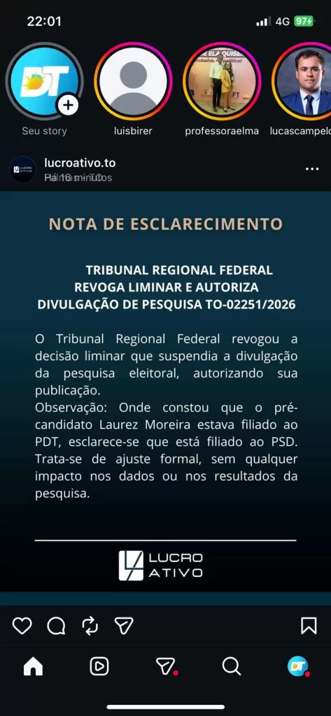 Tribunal Regional Federal revoga liminar e autoriza divulgação da pesquisa TO-02251/2026, informa Lucro Ativo