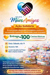 Projeto Mãos Amigas realiza ação solidária em Colinas do Tocantins com entrega de 100 cestas básicas neste sábado