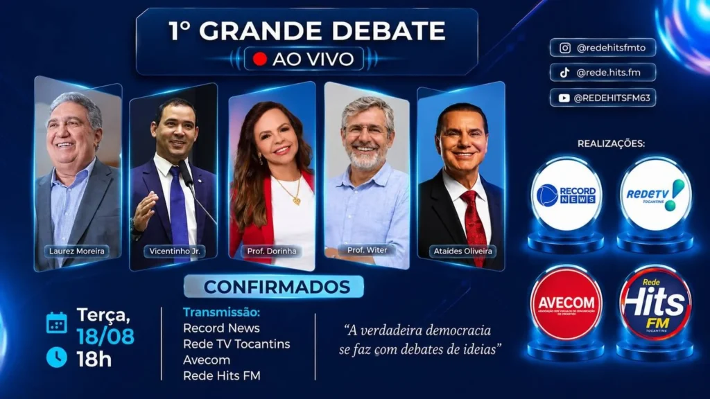 Cinco candidatos ao Governo do Tocantins ficam frente a frente em debate no dia 18 de agosto