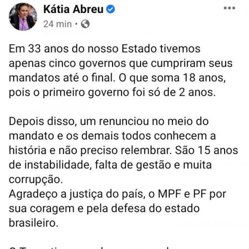 Para Kátia Abreu, o 'Tocantins amanheceu renovado' com a decisão do ministro Mauro Campbell que afastou por seis meses Mauro Carlesse