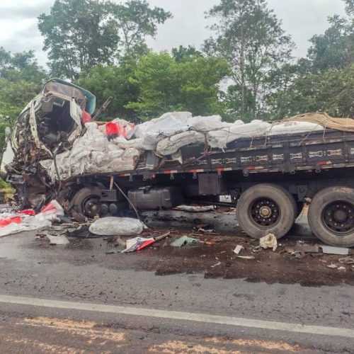 Caminhões batem de frente na BR-153 deixando dois mortos e um ferido