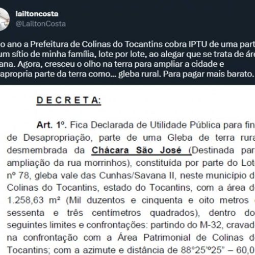 No twitter, Jornalista critica prefeitura de Colinas e dispara: "cobra IPTU, mas desapropria como gleba rural para pagar mais barato"