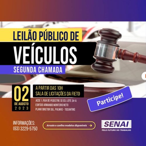 SENAI Tocantins realiza leilão de nove veículos no próximo dia 02